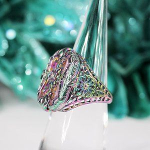Pink Camphor Glass Ring with CZ Accent Stone, Rainbow Plated Sterling Silver